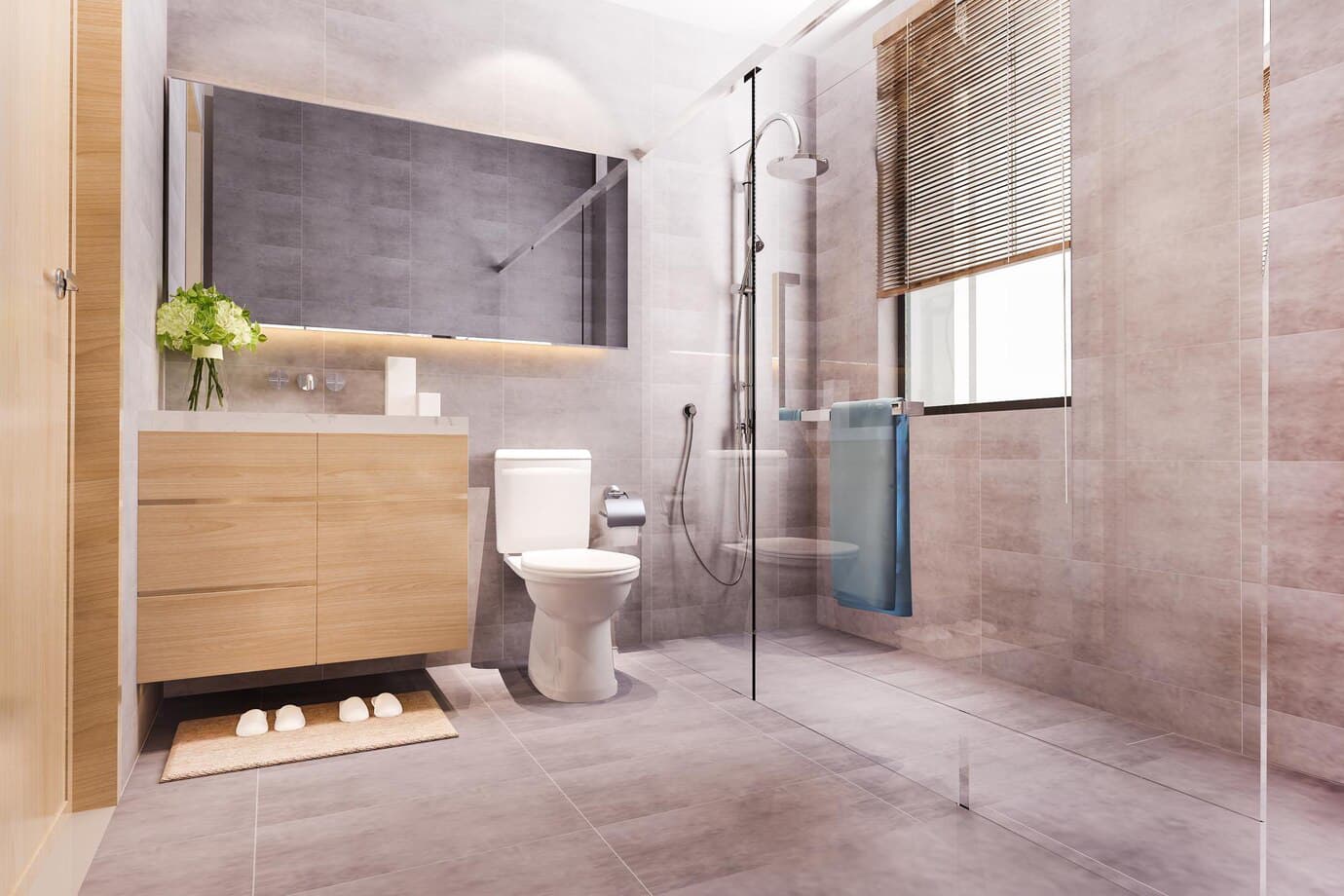 Modern marble tile bathroom with toilet