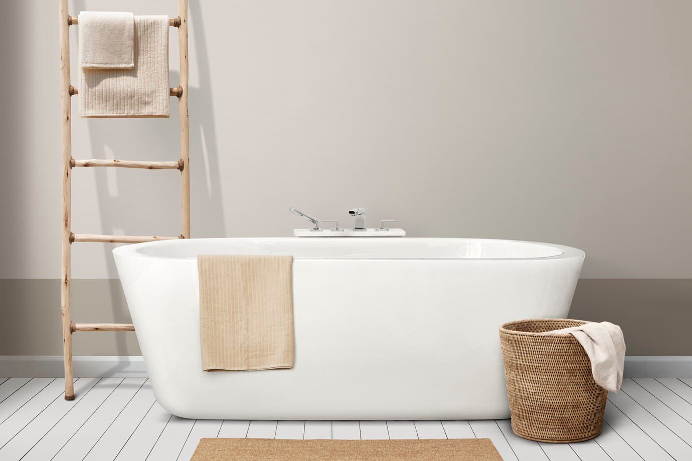 Minimal bathroom with wooden accents