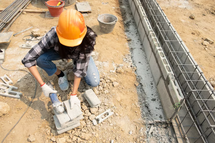 Builder working with paving slabs