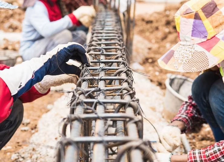 Construction workers installing steel rods in reinforced concrete beam