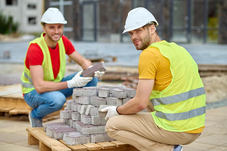Two workers stacking bricks and looking at camera