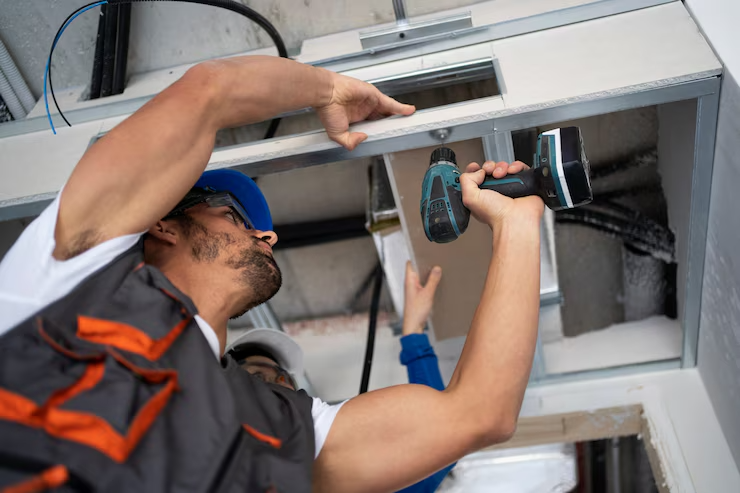 Worker installing garage door with professional tools