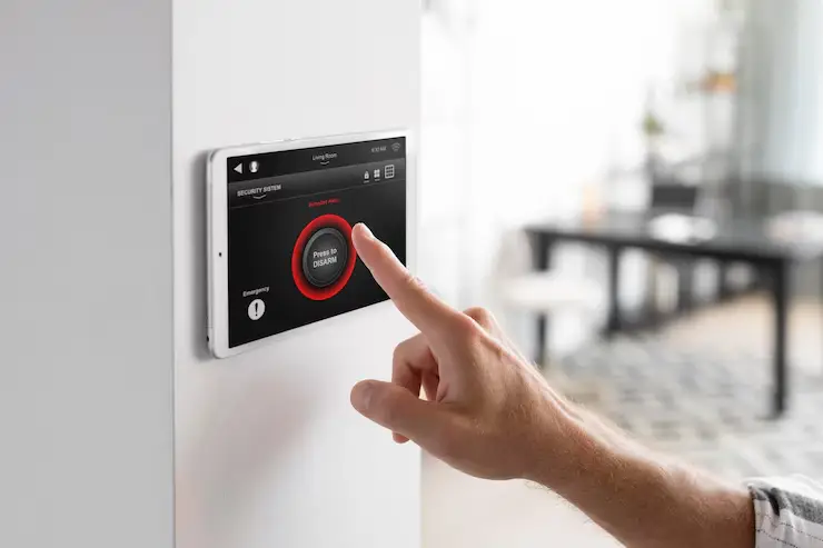 Man using tablet to control smart home security system