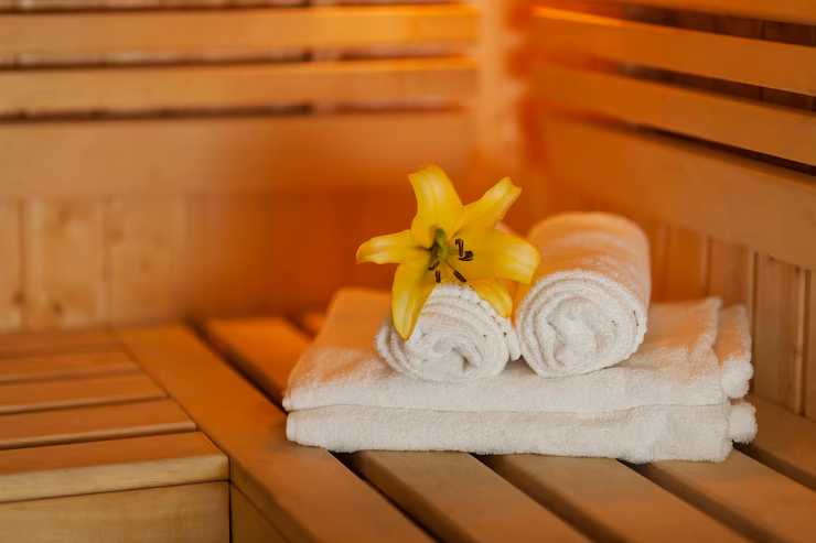 Spa towels and relaxing sauna atmosphere