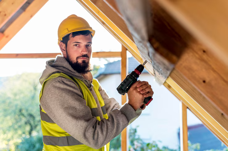 Man holding a hammer drill looking away during insulation work