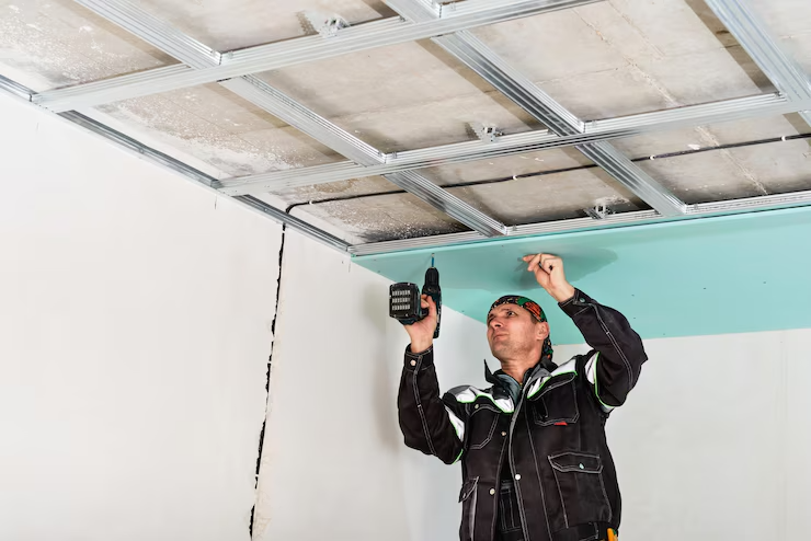 Construction worker installing ceiling insulation with drywall