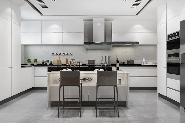 3D rendering of white minimal kitchen with wood decoration