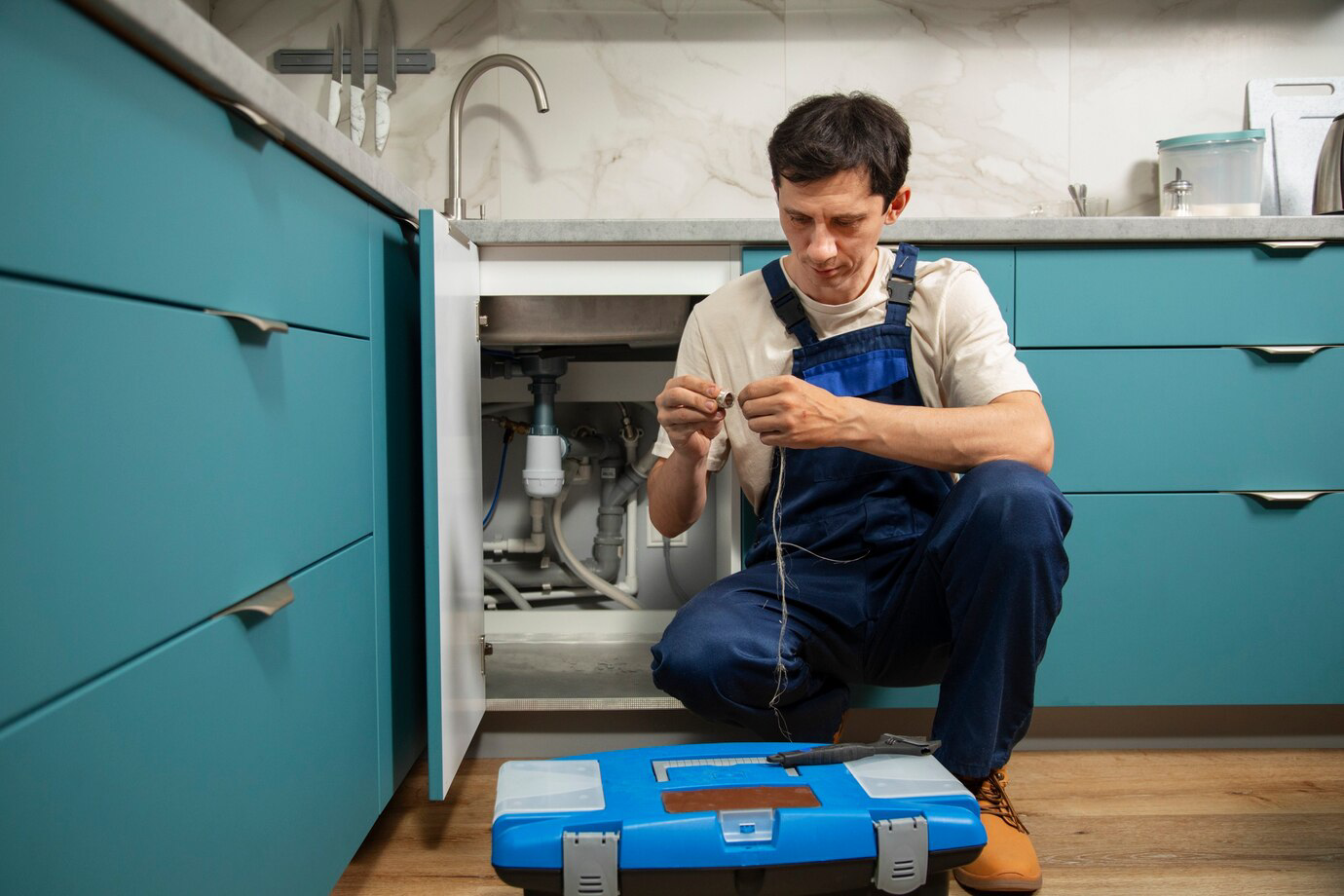 Male plumber fixing plumbing problems in a client's house