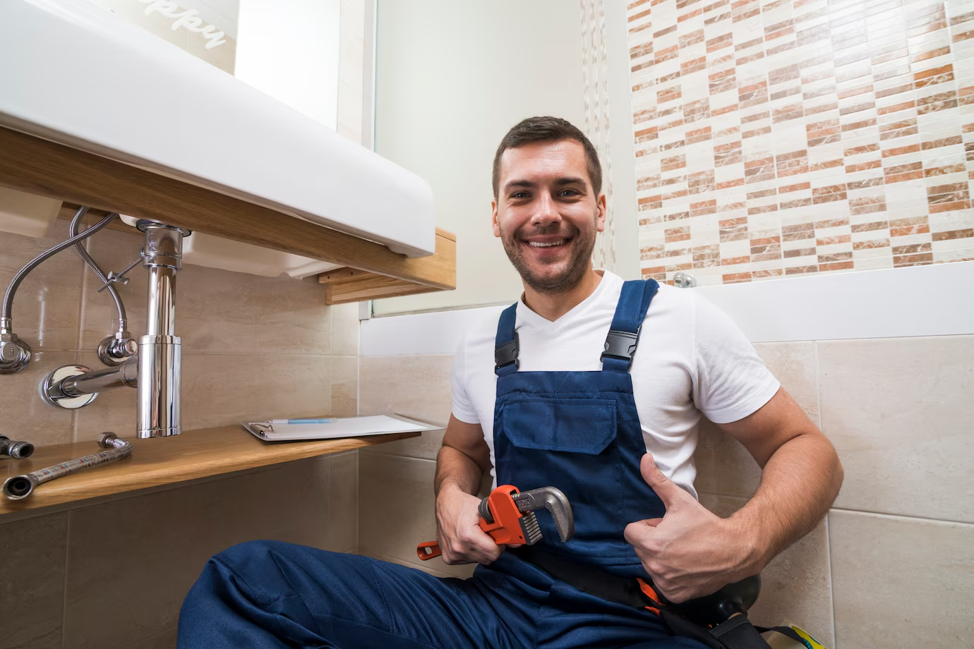 Sanitary technician giving a thumbs-up after plumbing work