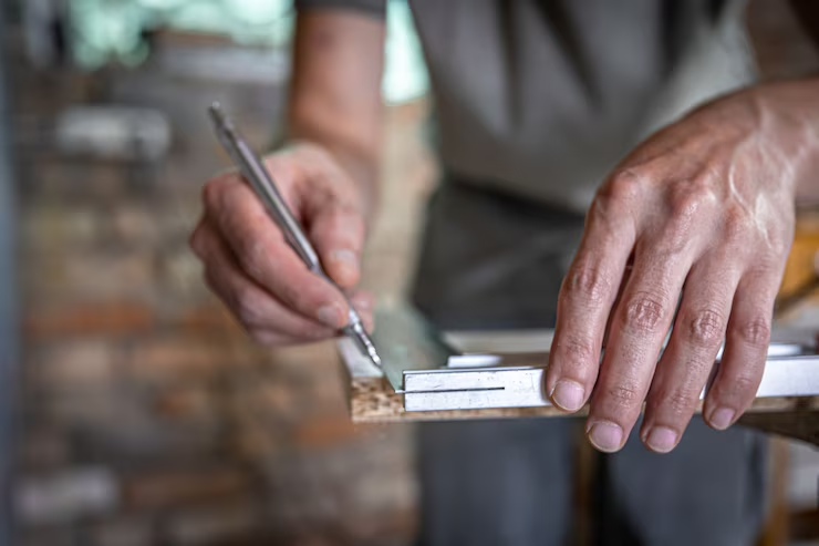 Carpenter measuring materials for siding work