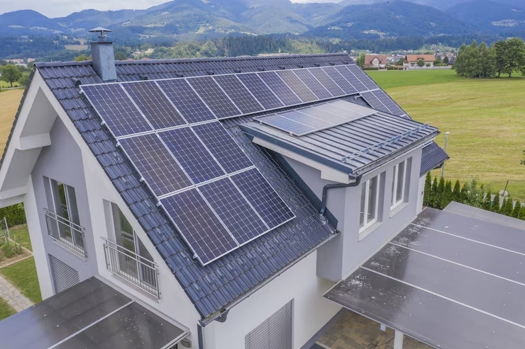Aerial view of a home with solar panels on the roof