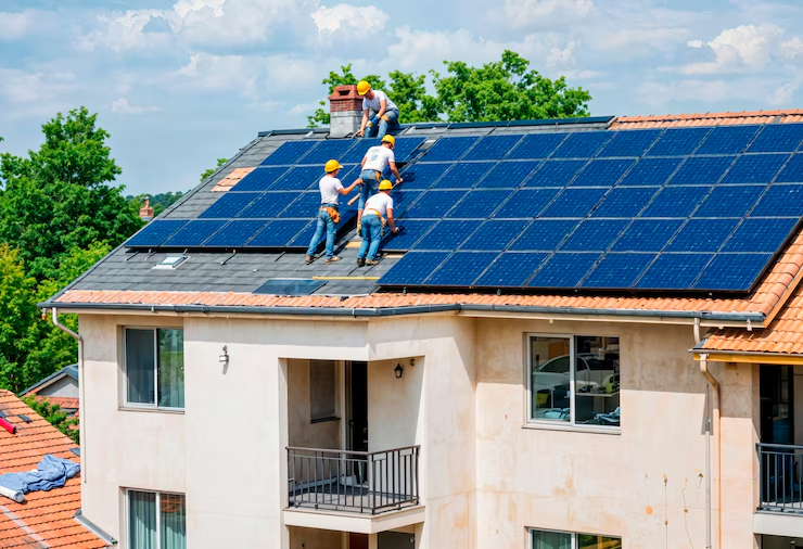 Technician installing solar panels on a rooftop