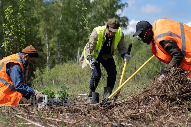 Volunteers planting trees after storm cleanup
