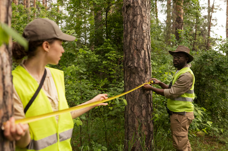 Arborists measuring distance near trees