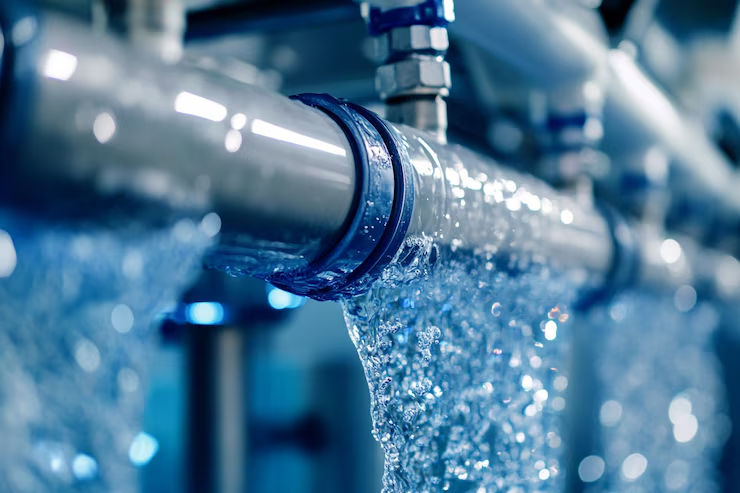 Water flowing cleanly from industrial pipes