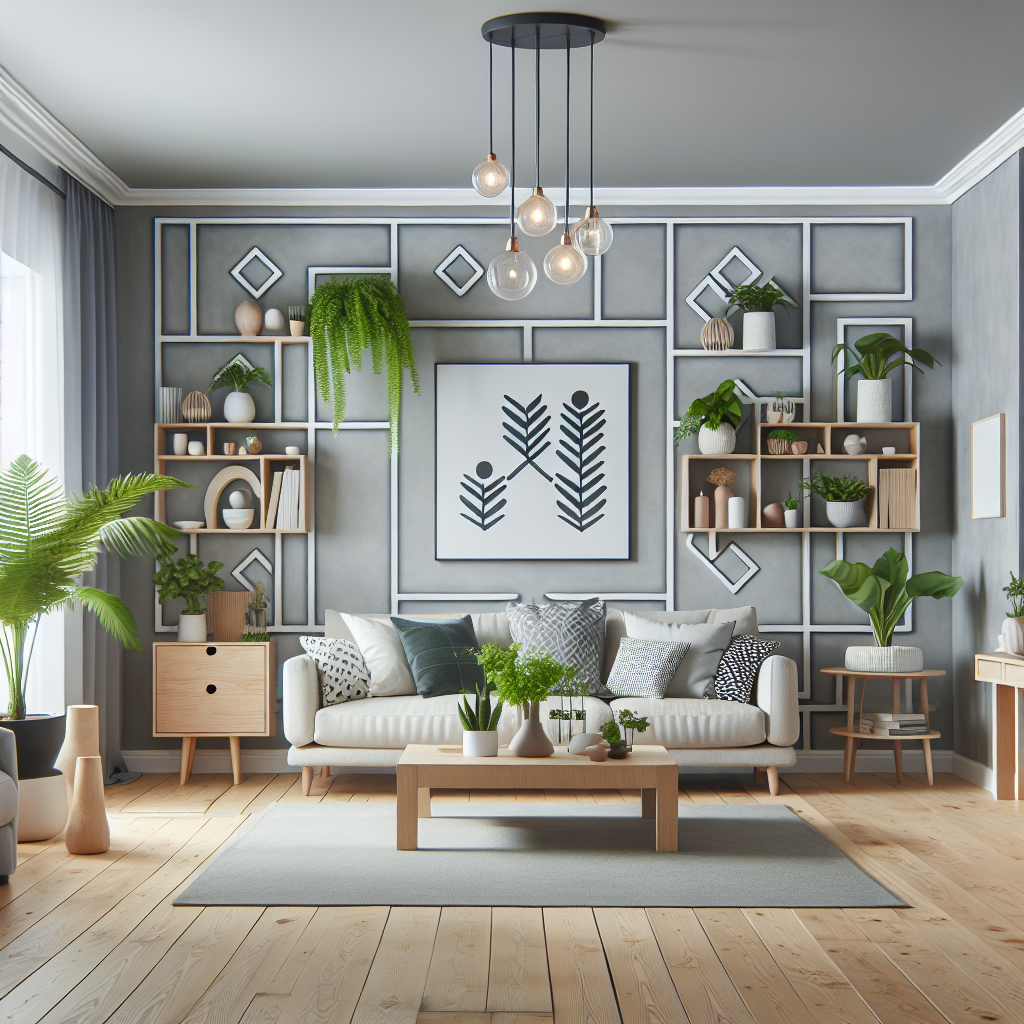A bright and welcoming family living room transformed with new light gray paint on the walls, a feature wall with geometric patterns, modern light fixtures, and a few potted indoor plants. The room also includes a comfortable sofa, a wooden coffee table, and neatly organized shelves.