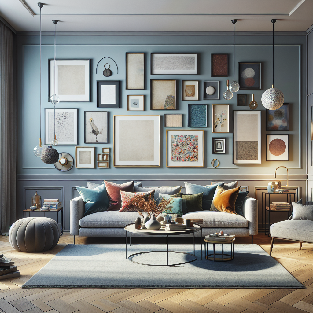 A cozy living room with a fresh coat of light blue paint on the walls, featuring a stylish accent wall with a gallery of framed artwork. The room is furnished with a modern grey sofa, colorful throw pillows, and a vintage coffee table. New pendant lights hang from the ceiling, and a plush area rug lies on the hardwood floor, enhancing the warm and inviting atmosphere.